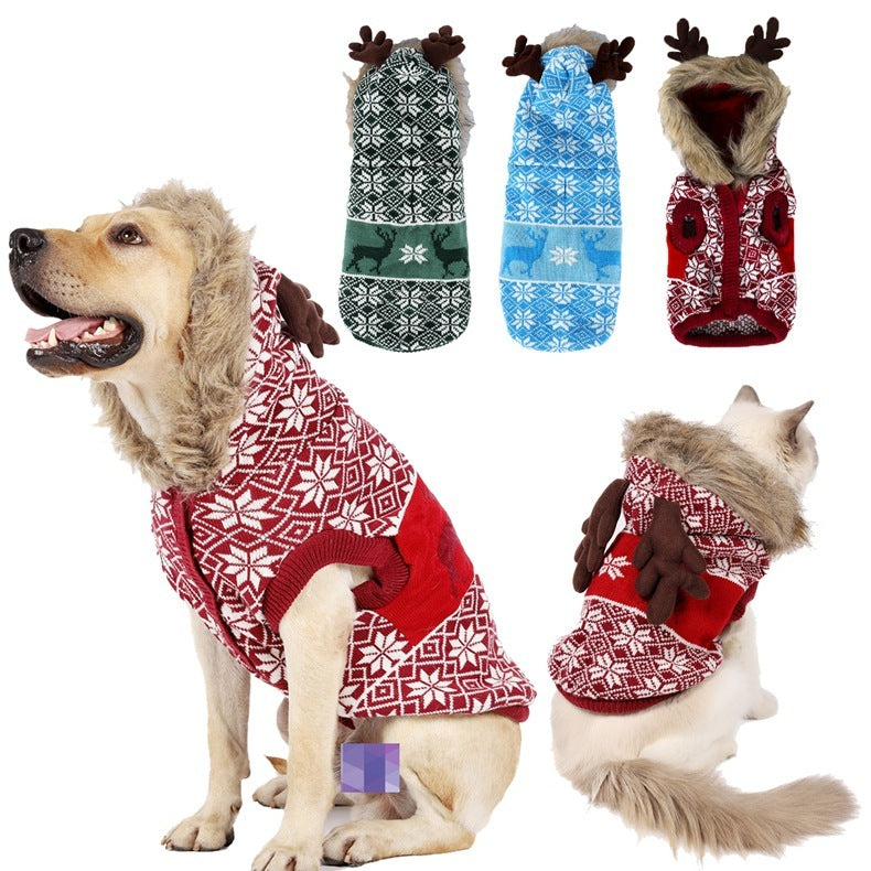 Christmas Elk Vintage Hooded Fur Collar Pet Clothes