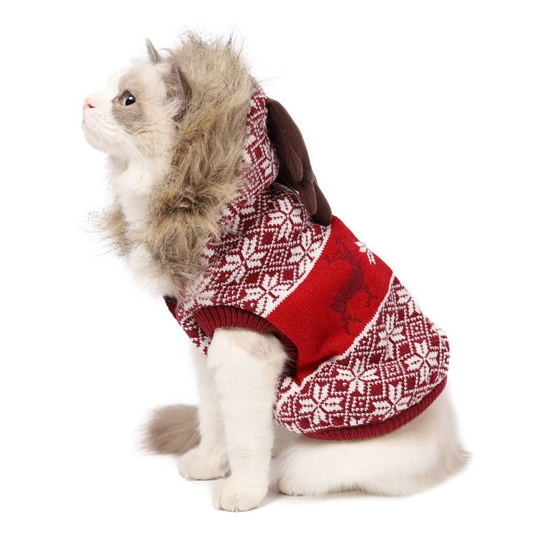 Christmas Elk Vintage Hooded Fur Collar Pet Clothes