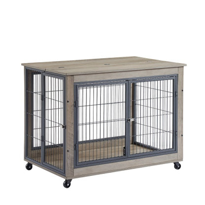 Furniture Style Dog Cage Side Table With Wheels With Double Doors And A Raised Top. Grey