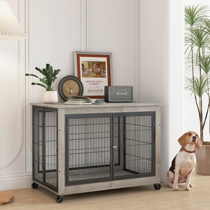 Furniture Style Dog Cage Side Table With Wheels With Double Doors And A Raised Top. Grey