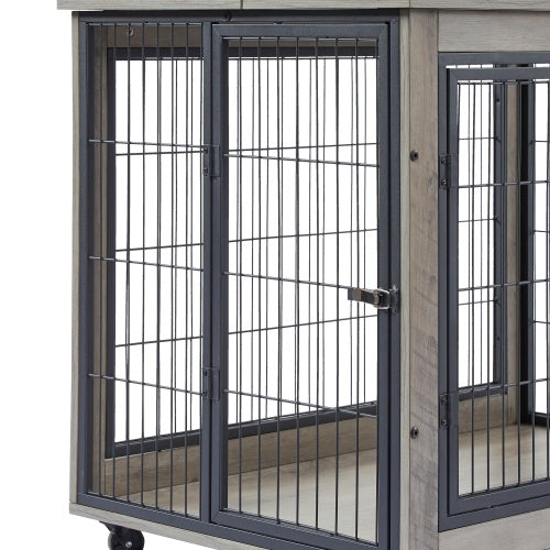 Furniture Style Dog Cage Side Table With Wheels With Double Doors And A Raised Top. Grey