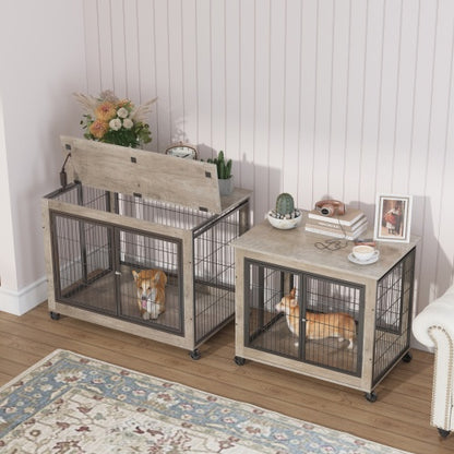 Furniture Style Dog Cage Side Table With Wheels With Double Doors And A Raised Top. Grey