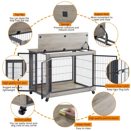 Furniture Style Dog Cage Side Table With Wheels With Double Doors And A Raised Top. Grey