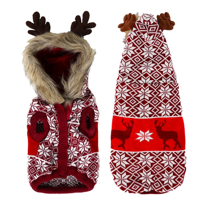 Christmas Elk Vintage Hooded Fur Collar Pet Clothes