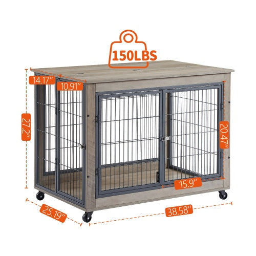 Furniture Style Dog Cage Side Table With Wheels With Double Doors And A Raised Top. Grey