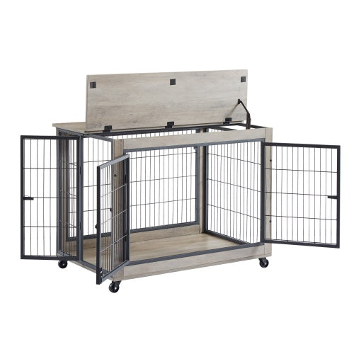 Furniture Style Dog Cage Side Table With Wheels With Double Doors And A Raised Top. Grey